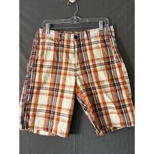 Overdrive Men's Plaid Flat Front Shorts - Size 30 - Orange White Blue Check
